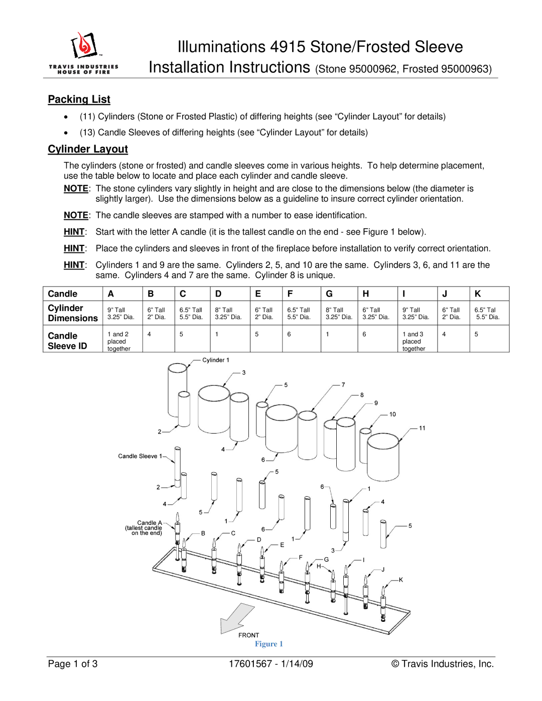 FireplaceXtrordinair installation instructions Illuminations 4915 Stone/Frosted Sleeve, Packing List, Cylinder Layout 