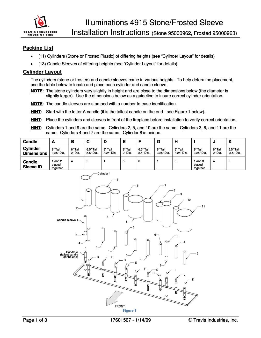 FireplaceXtrordinair installation instructions Illuminations 4915 Stone/Frosted Sleeve, Packing List, Cylinder Layout 