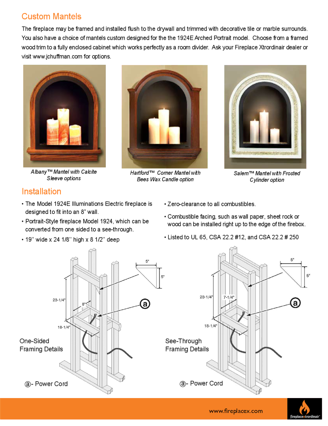 FireplaceXtrordinair 1924E, 4915E manual Custom Mantels, Installation 