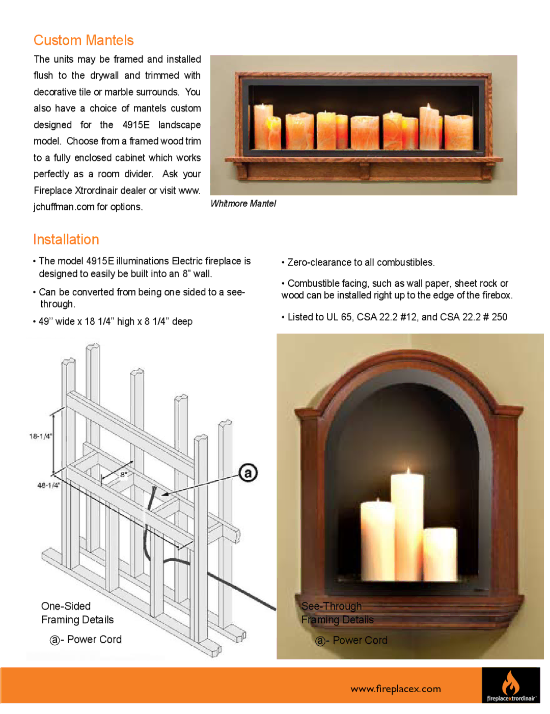 FireplaceXtrordinair 1924E, 4915E manual See-Through Framing Details Power Cord 