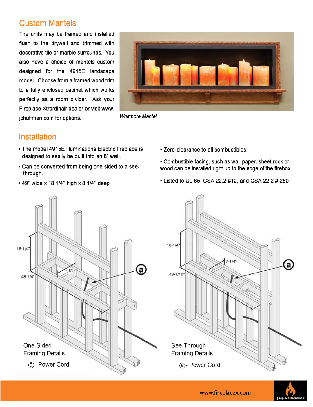FireplaceXtrordinair 1924E, 4915E manual Custom Mantels, Installation, One-Sided Framing Details a - Power Cord 