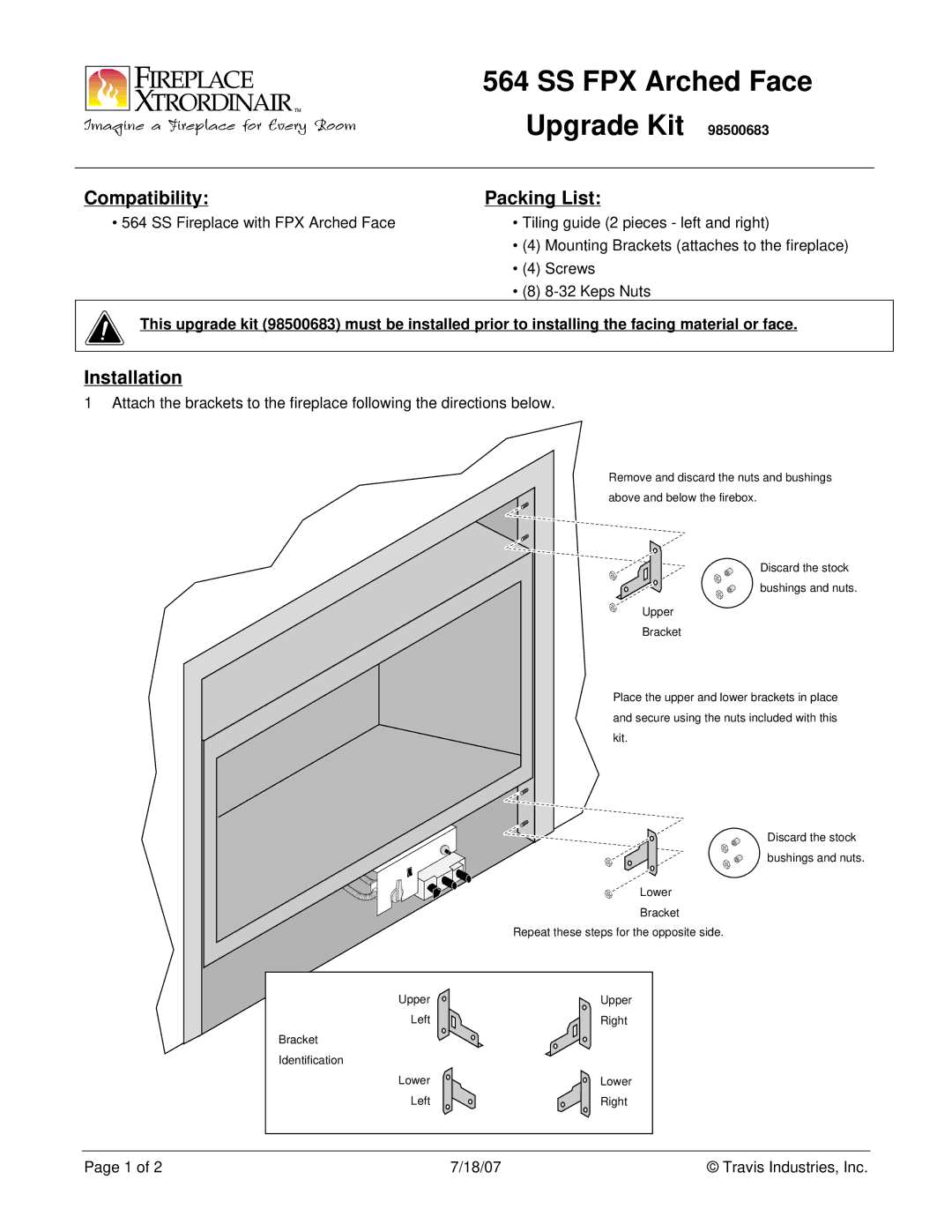 FireplaceXtrordinair 564 SS FPX manual SS FPX Arched Face, Upgrade Kit, Compatibility Packing List, Installation 