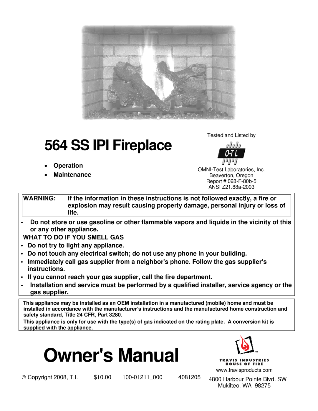 FireplaceXtrordinair 564 owner manual Operation, Maintenance 