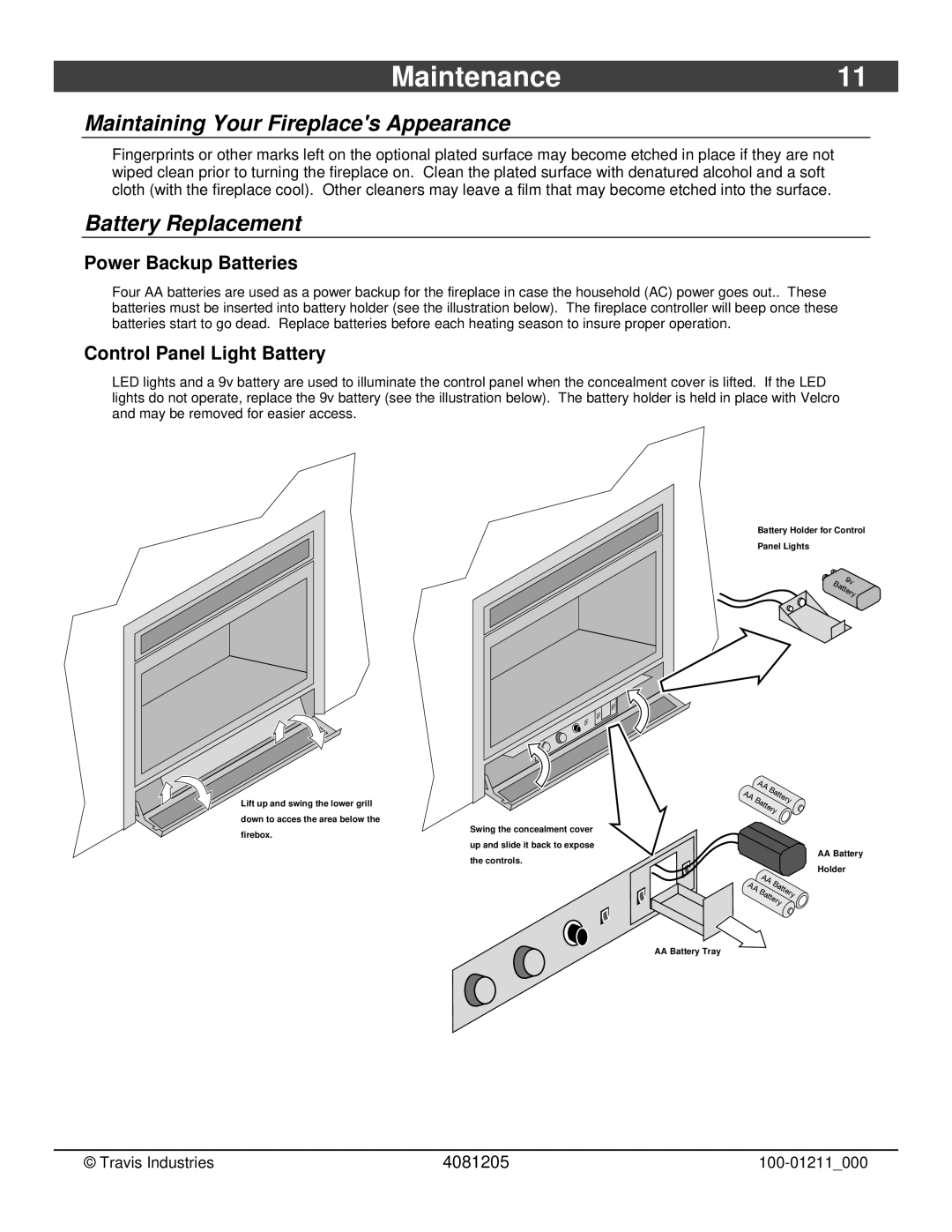 FireplaceXtrordinair 564 owner manual Maintenance11, Maintaining Your Fireplaces Appearance, Battery Replacement 