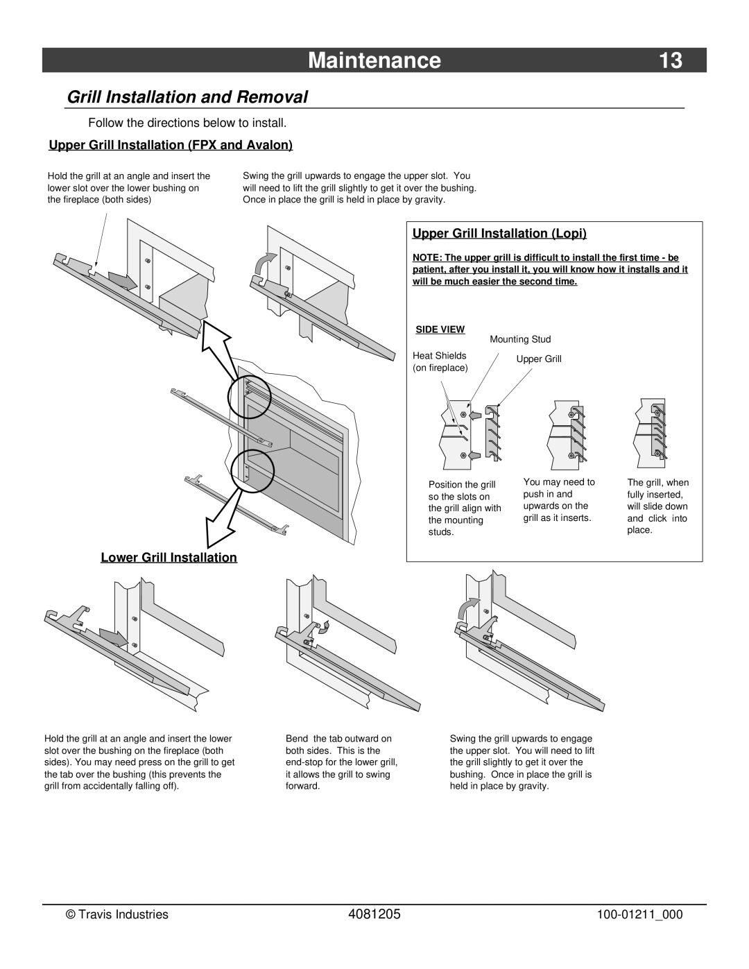 FireplaceXtrordinair 564 owner manual Maintenance13, Grill Installation and Removal 