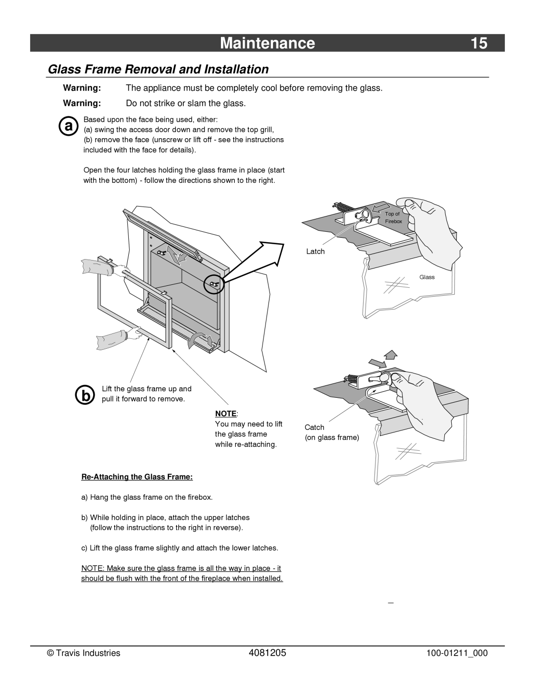 FireplaceXtrordinair 564 owner manual Maintenance15, Glass Frame Removal and Installation 