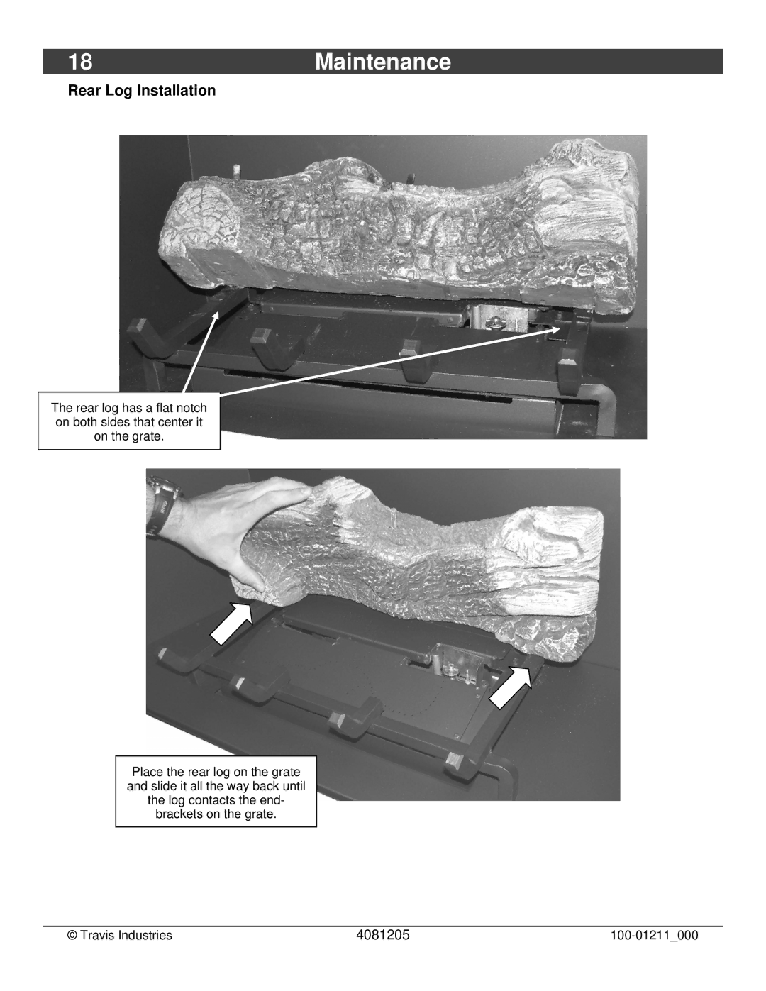 FireplaceXtrordinair 564 owner manual 18Maintenance, Rear Log Installation 