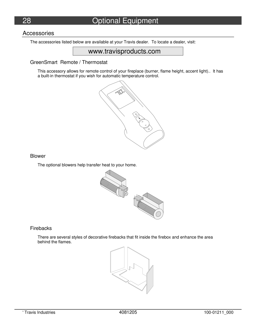 FireplaceXtrordinair 564 owner manual Optional Equipment, Accessories, GreenSmart Remote / Thermostat, Blower, Firebacks 