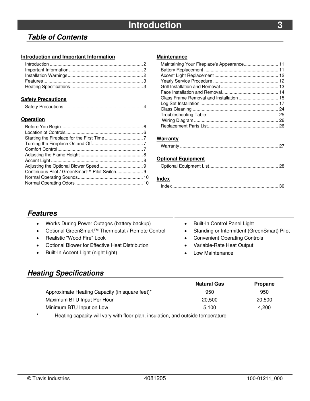 FireplaceXtrordinair 564 owner manual Introduction3, Table of Contents, Features, Heating Specifications 