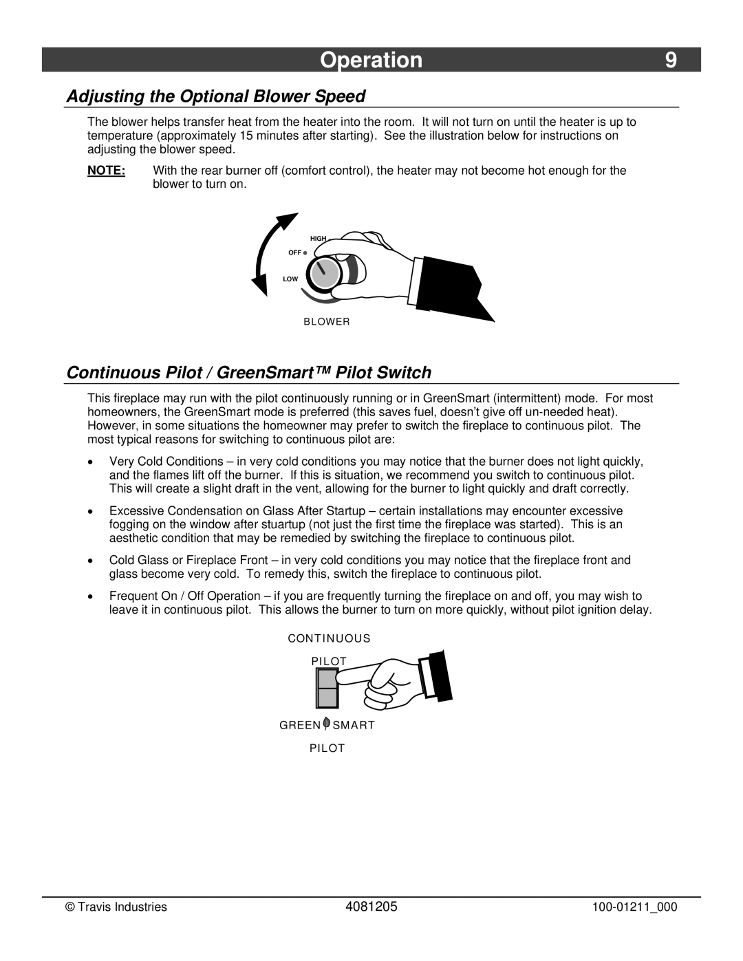 FireplaceXtrordinair 564 Operation9, Adjusting the Optional Blower Speed, Continuous Pilot / GreenSmart Pilot Switch 