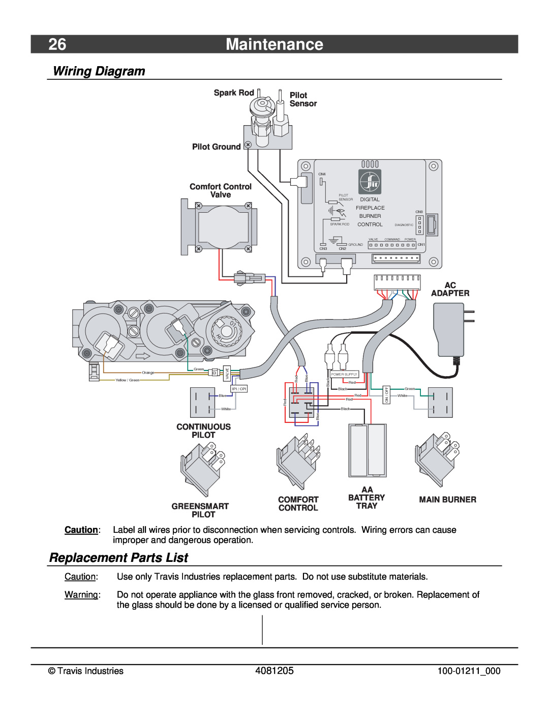 FireplaceXtrordinair 564 owner manual 26Maintenance, Wiring Diagram, Replacement Parts List, 4081205 