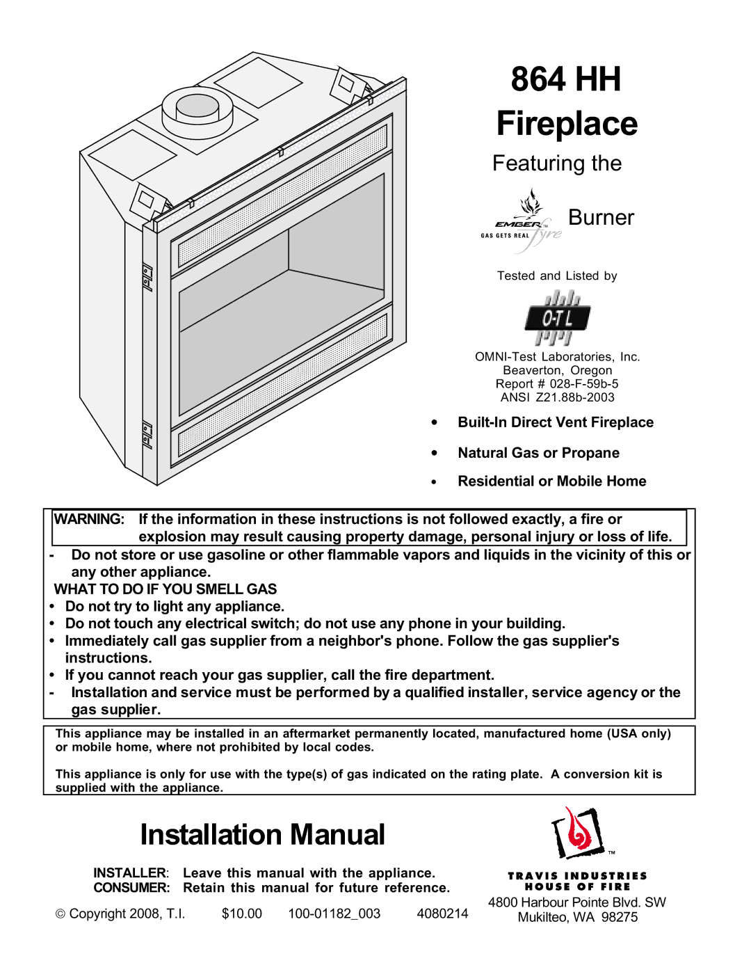 FireplaceXtrordinair 864 HH installation manual HH Fireplace 