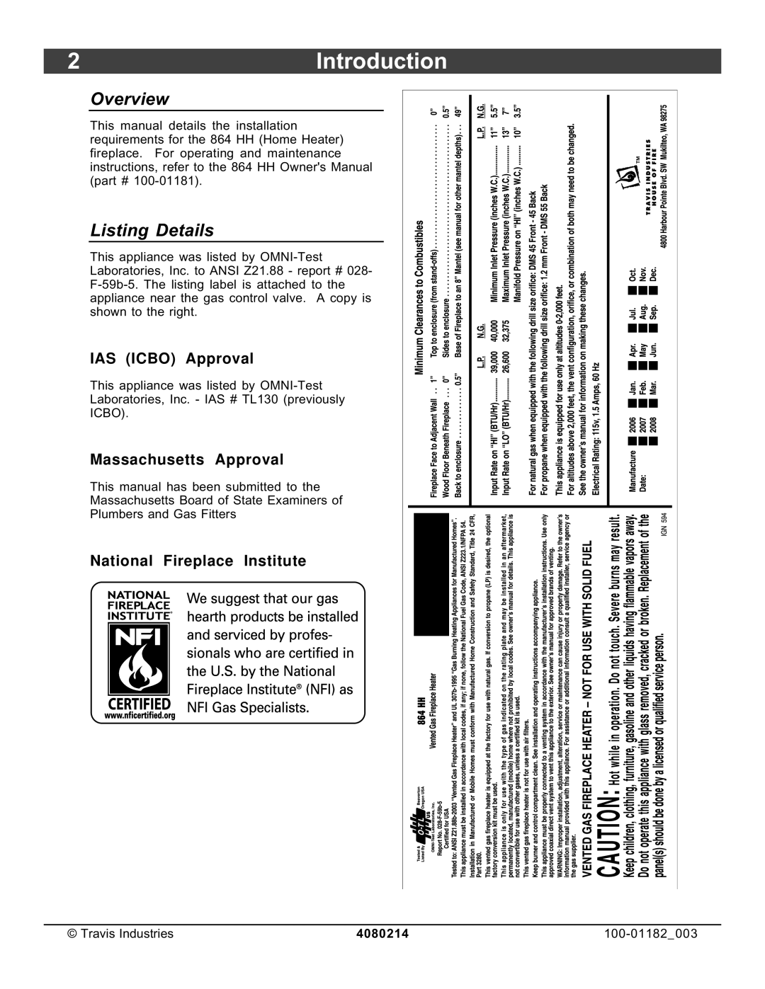 FireplaceXtrordinair 864 HH installation manual Overview, Listing Details, IAS Icbo Approval, Massachusetts Approval 