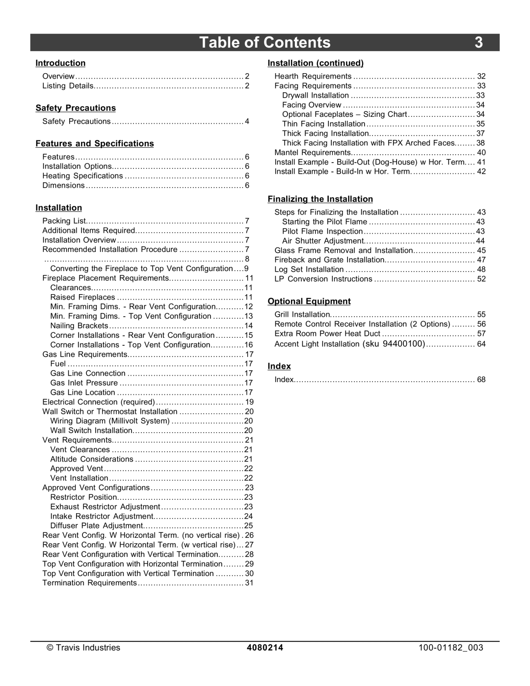 FireplaceXtrordinair 864 HH installation manual Table of Contents 