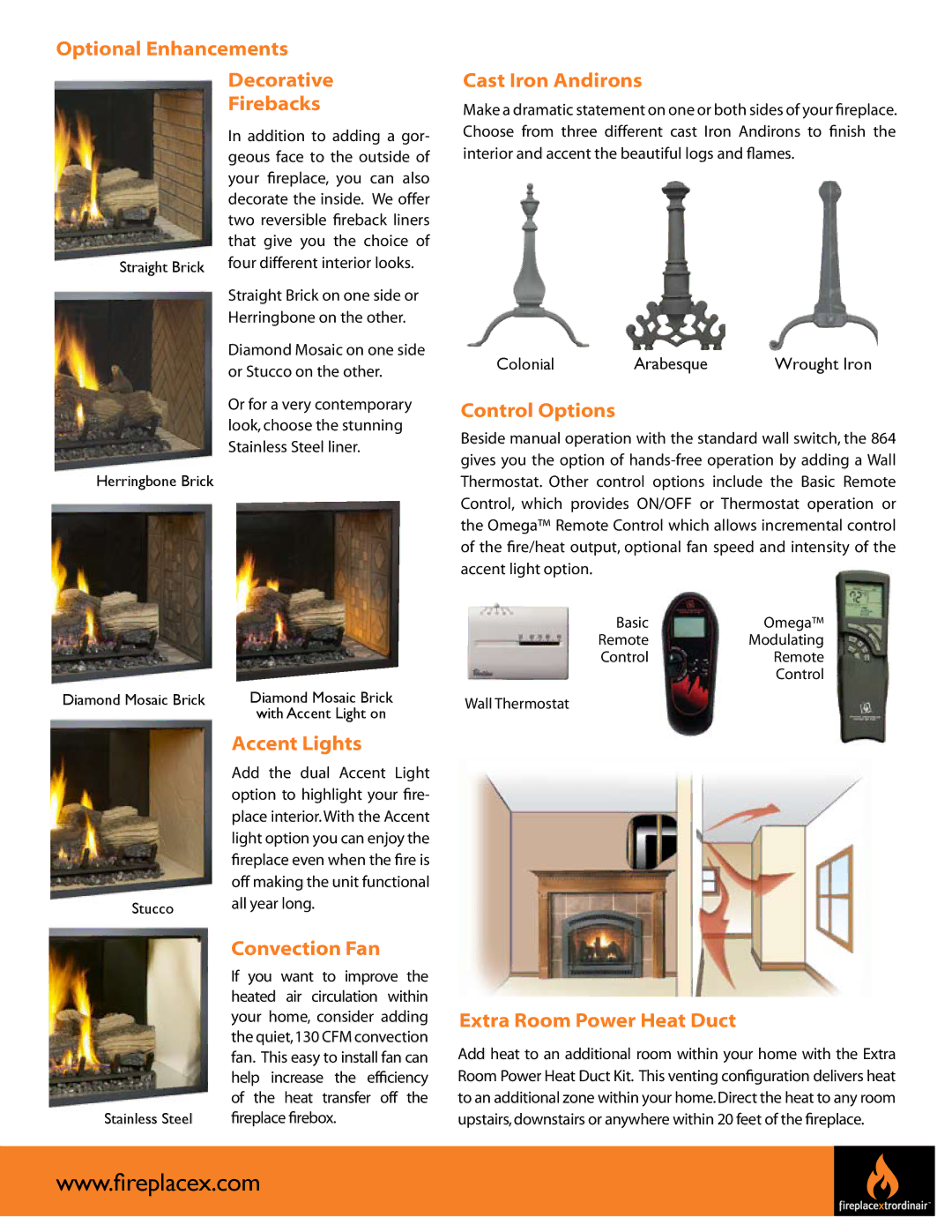 FireplaceXtrordinair 864 See-Thru manual Optional Enhancements, Decorative Firebacks, Cast Iron Andirons, Control Options 