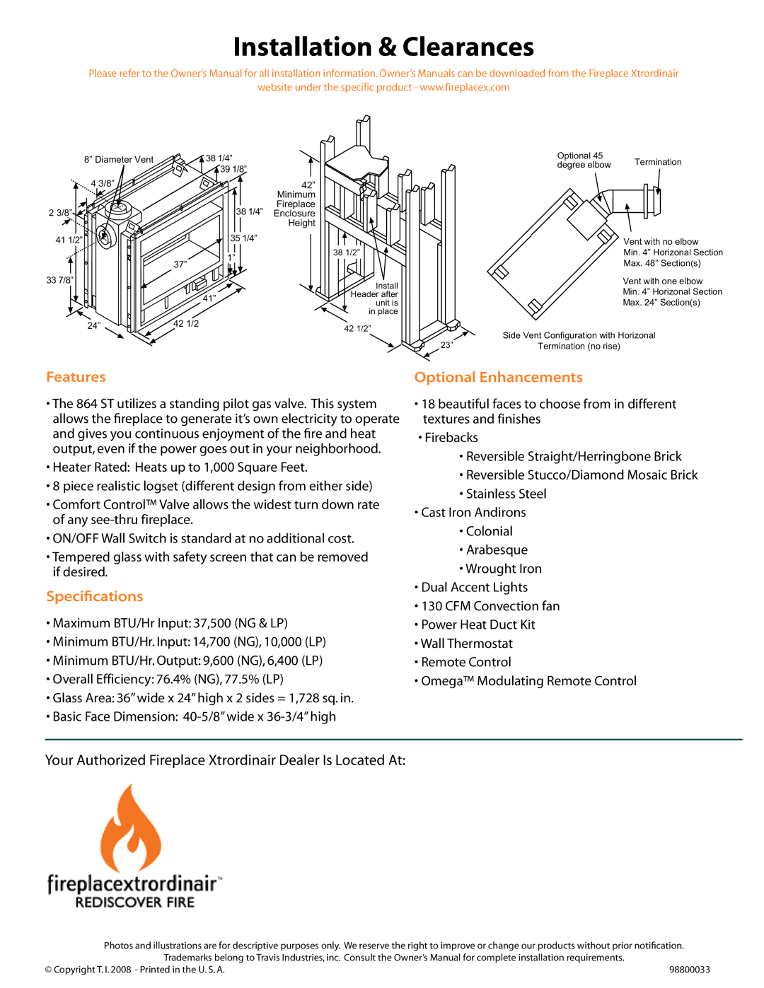 FireplaceXtrordinair 864 See-Thru manual Features Optional Enhancements, Specif ications 