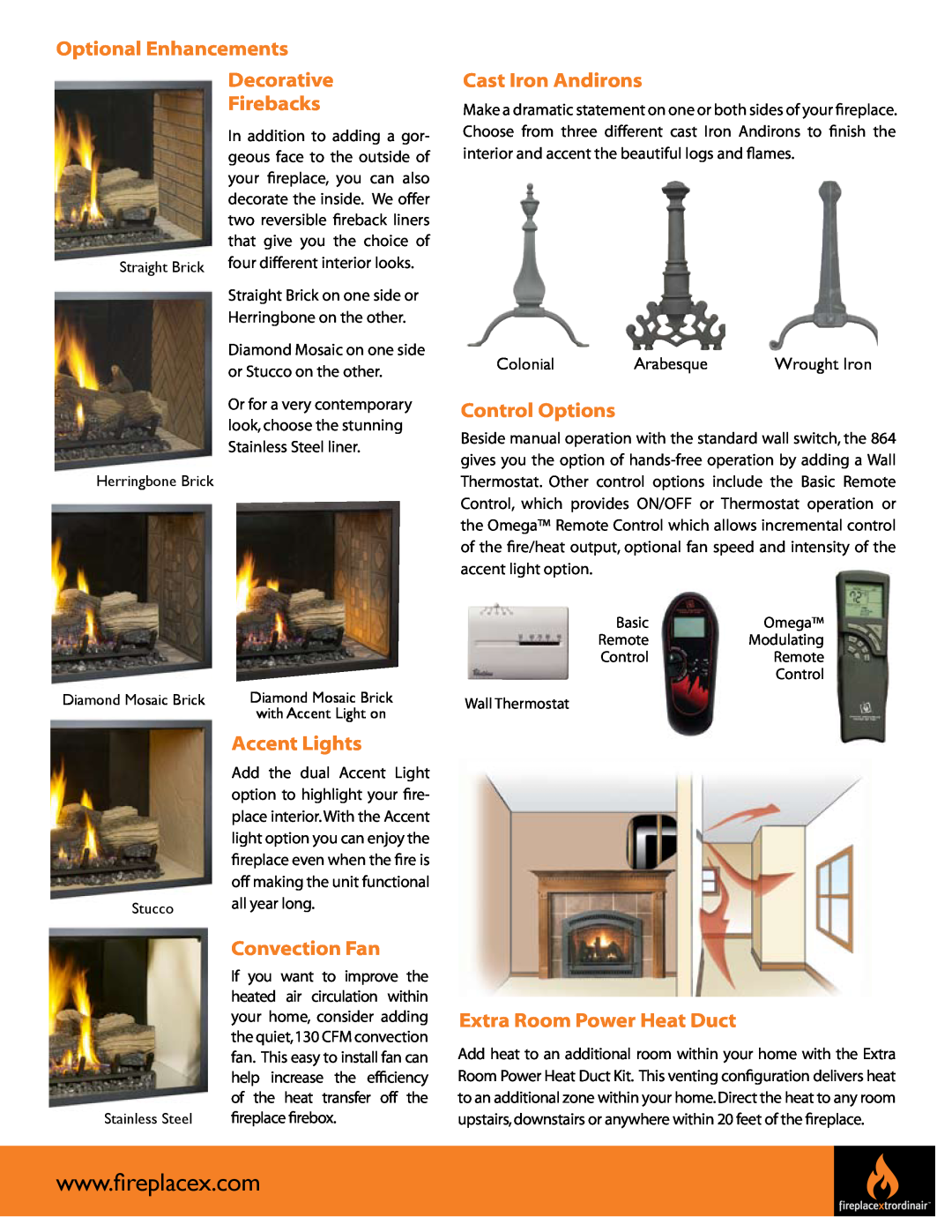 FireplaceXtrordinair 864 See-Thru manual Optional Enhancements, Decorative Firebacks, Cast Iron Andirons, Control Options 