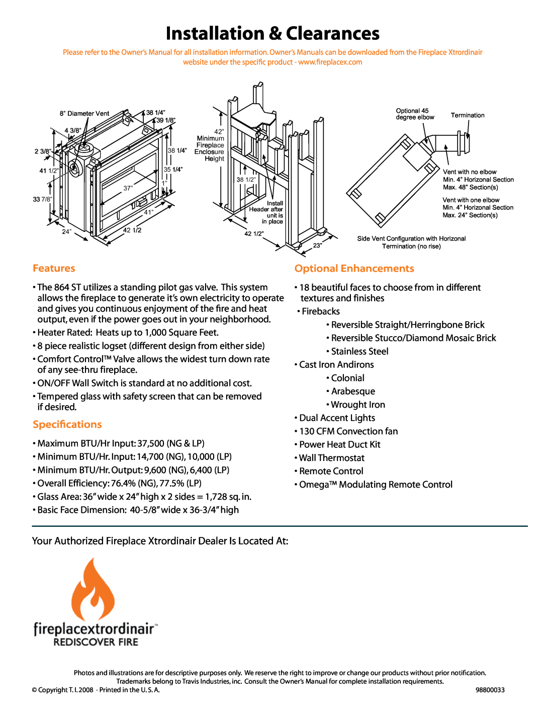 FireplaceXtrordinair 864 See-Thru manual Features, Optional Enhancements, Specif ications, Installation & Clearances 