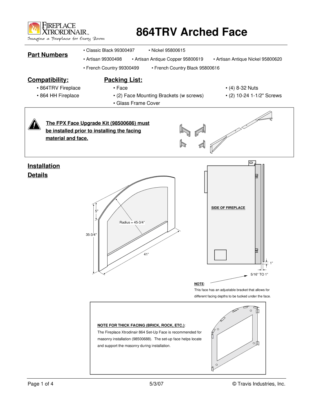 FireplaceXtrordinair 864TRV manual Part Numbers, Compatibility Packing List, Installation Details 