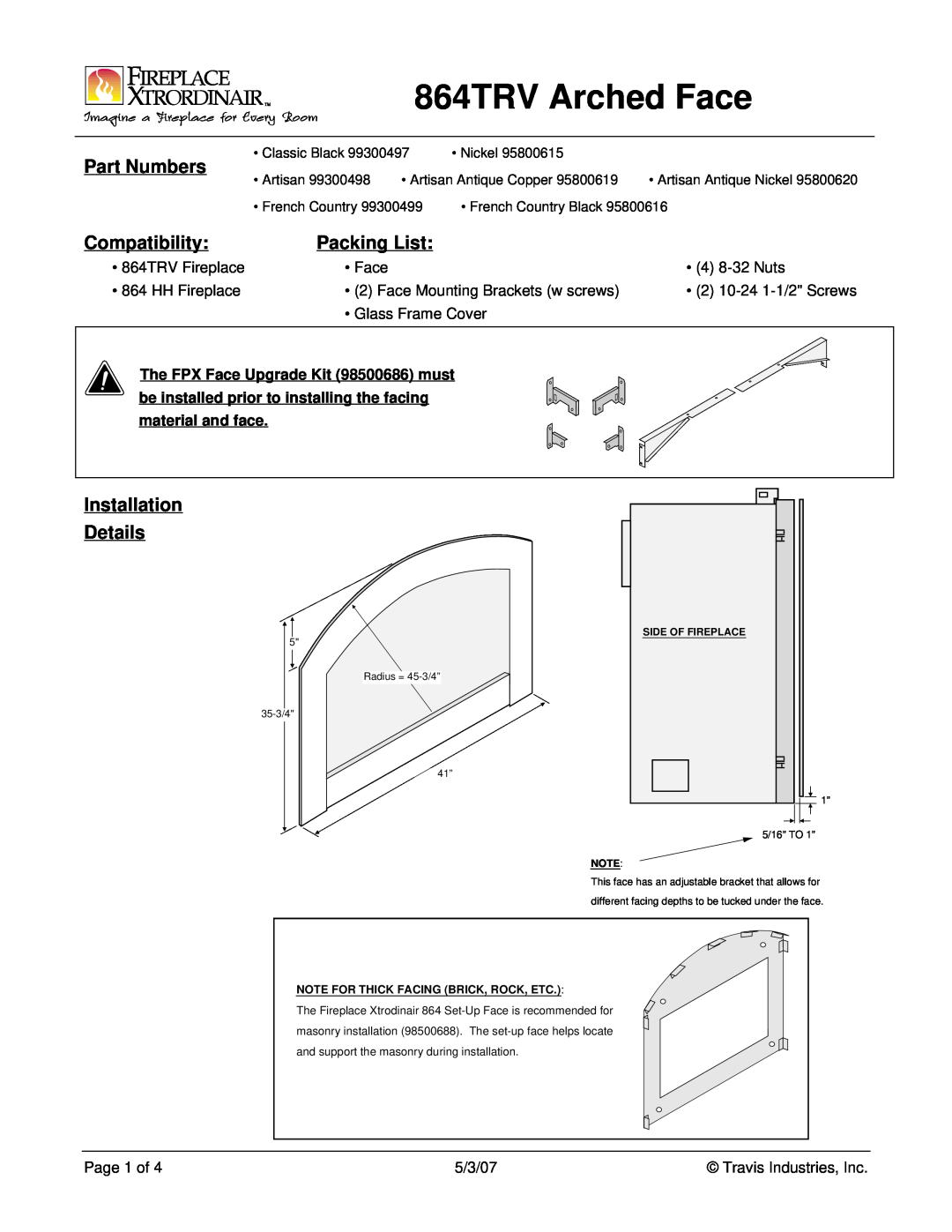 FireplaceXtrordinair manual 864TRV Arched Face, Part Numbers, Compatibility, Packing List, Installation Details 
