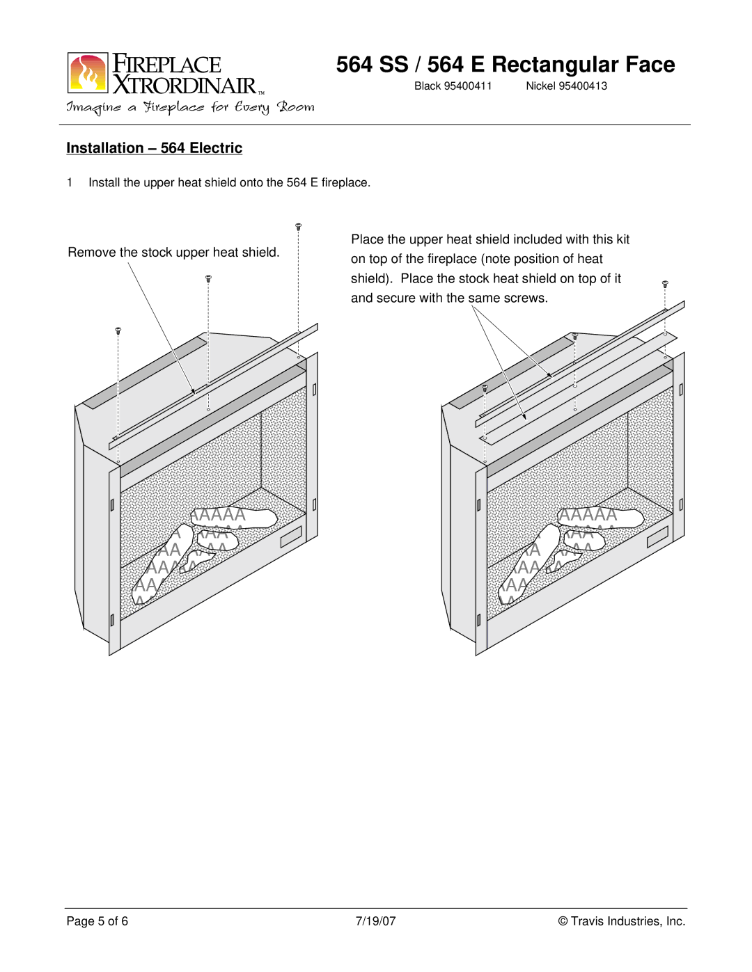 FireplaceXtrordinair 95400411, 95400413 manual Installation 564 Electric 