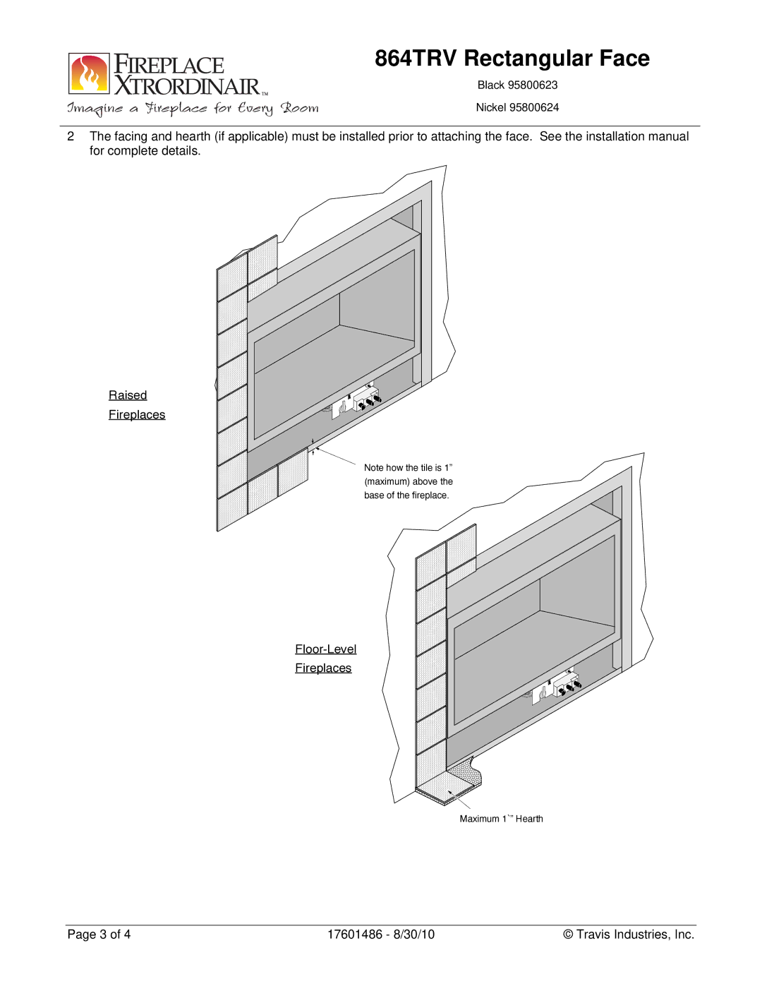 FireplaceXtrordinair 95800624 manual Maximum 1` Hearth 