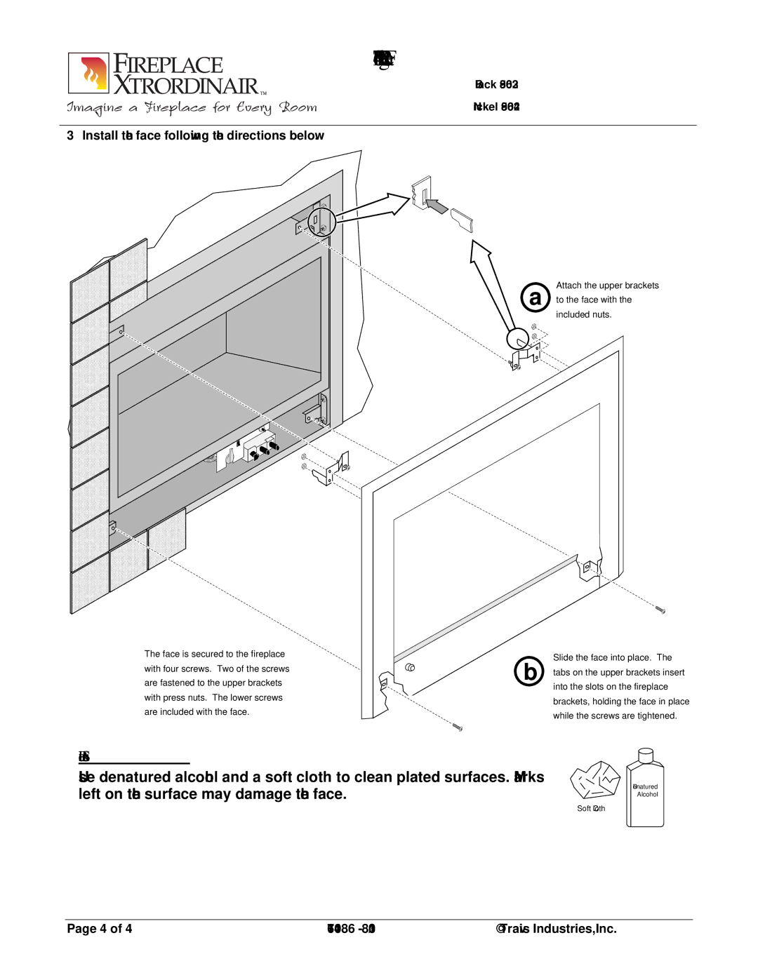 FireplaceXtrordinair 95800624 manual Plated Surfaces, Install the face following the directions below 