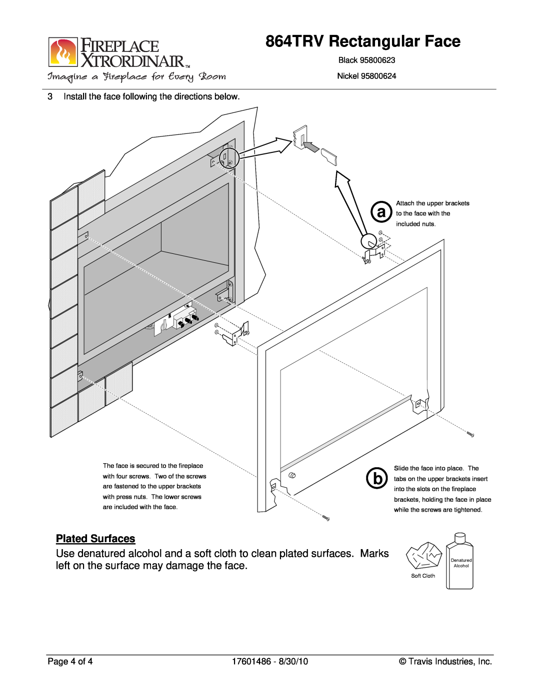FireplaceXtrordinair 95800624 Plated Surfaces, Install the face following the directions below, Page 4 of, Black Nickel 