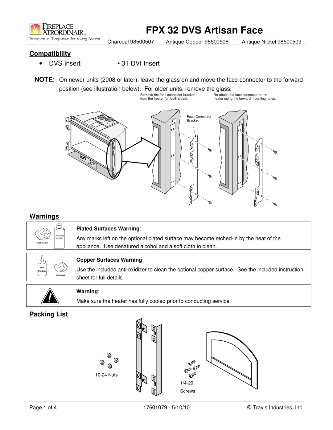 FireplaceXtrordinair 98500507 instruction sheet Compatibility, Packing List 