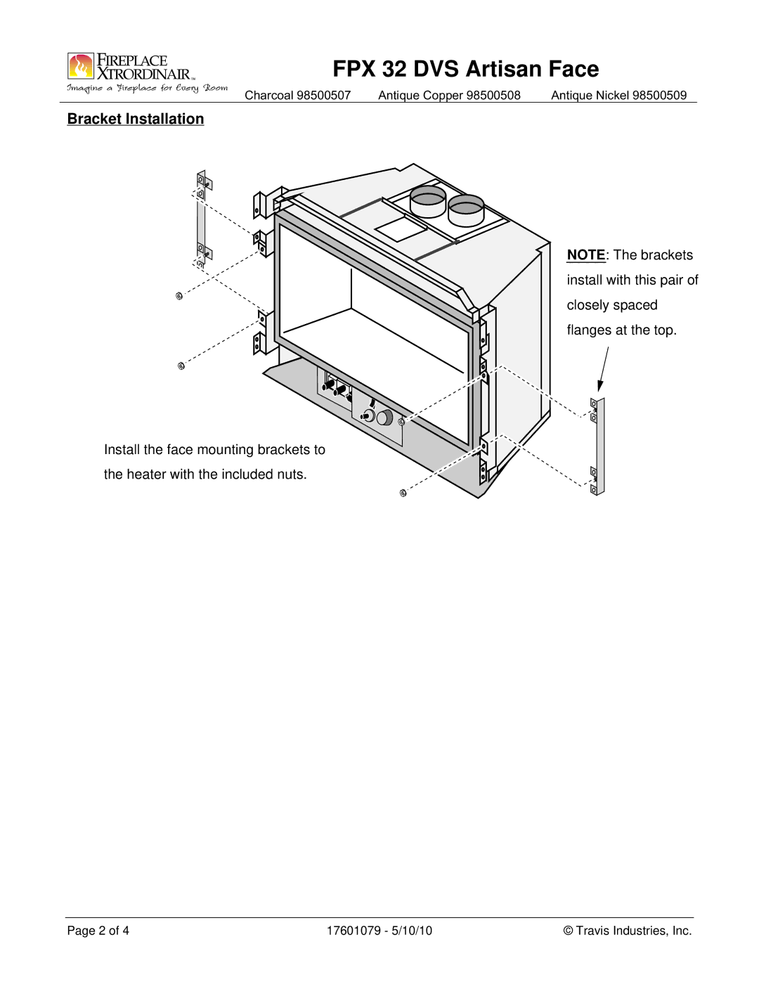 FireplaceXtrordinair 98500507 instruction sheet Bracket Installation 