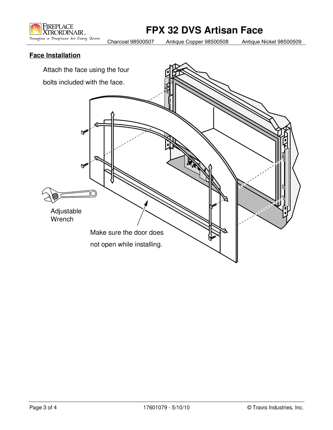 FireplaceXtrordinair 98500507 instruction sheet Face Installation 