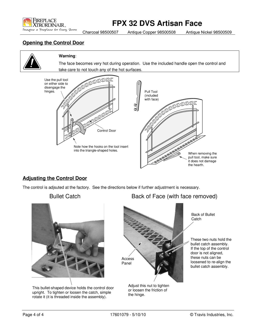 FireplaceXtrordinair 98500507 instruction sheet Opening the Control Door, Adjusting the Control Door 