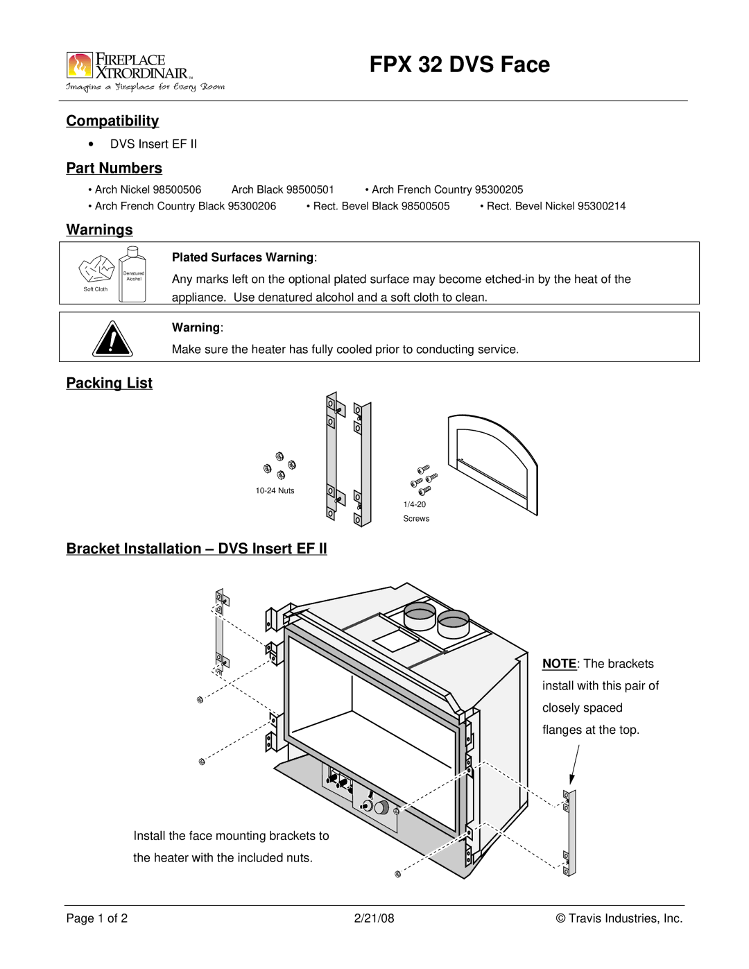 FireplaceXtrordinair manual FPX 32 DVS Face, Compatibility, Part Numbers, Packing List 