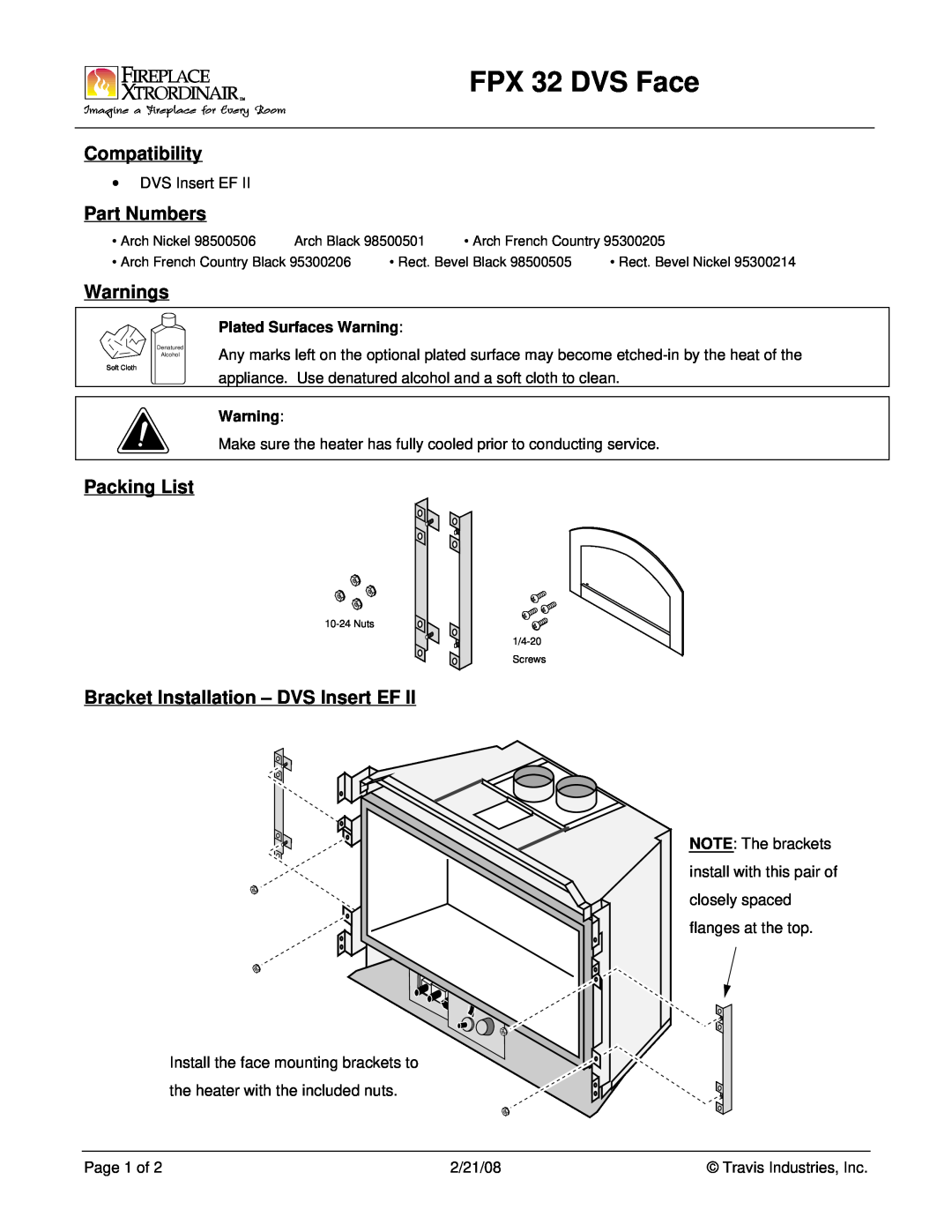 FireplaceXtrordinair manual FPX 32 DVS Face, Compatibility, Part Numbers, Warnings, Packing List 