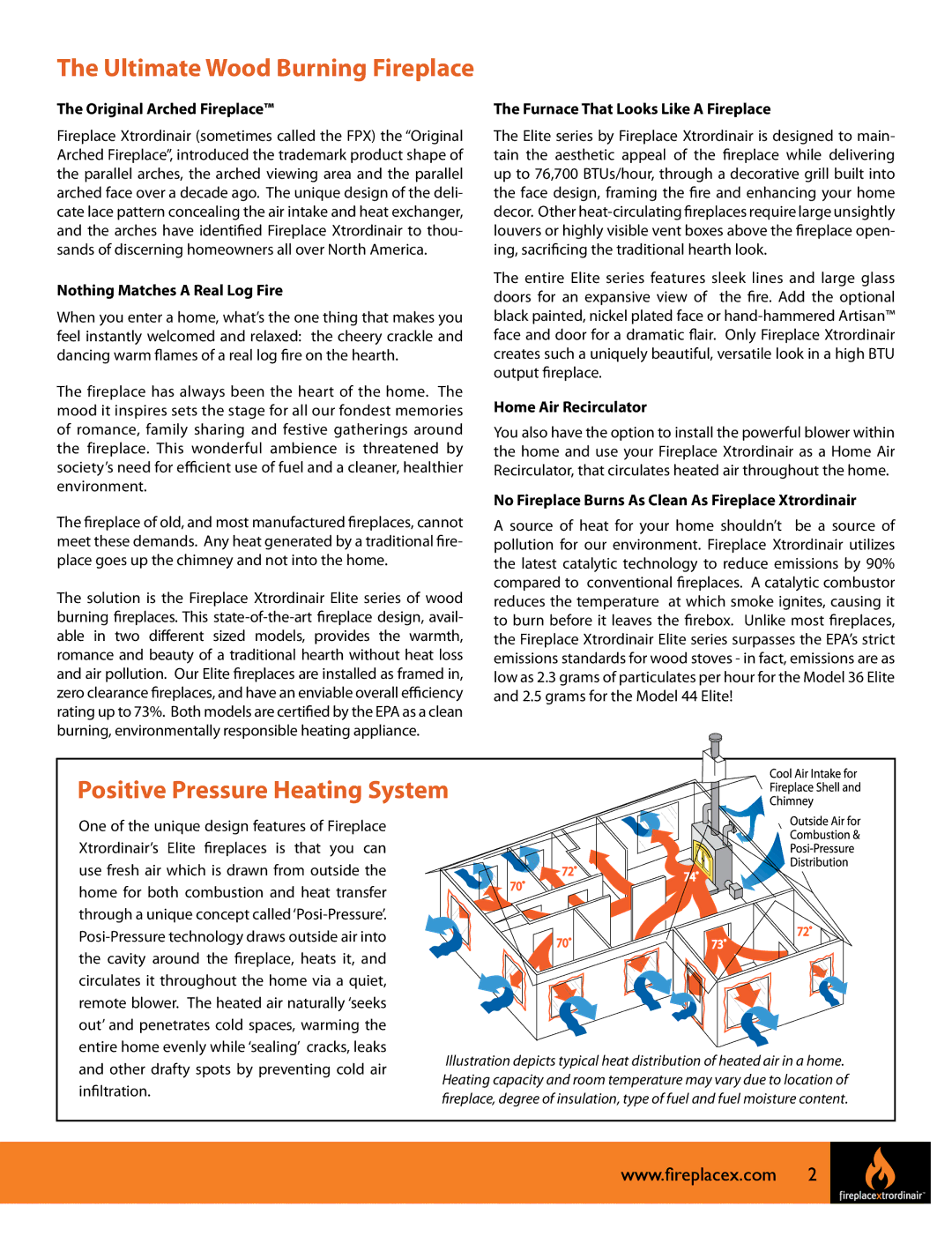 FireplaceXtrordinair FPX 44 manual Positive Pressure Heating System, Ultimate Wood Burning Fireplace 