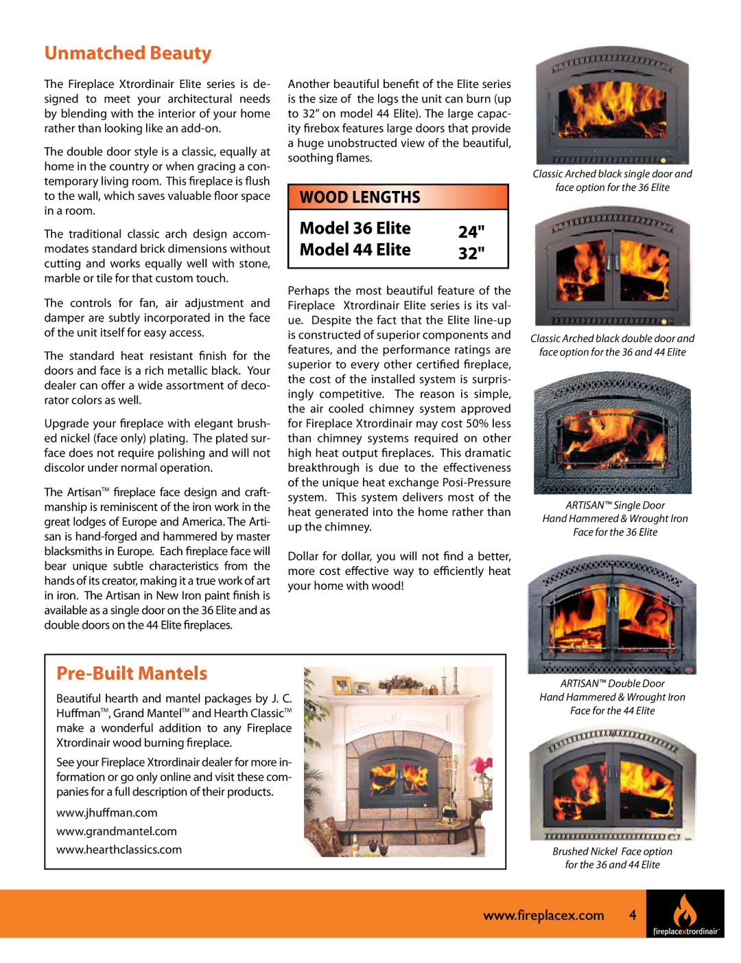 FireplaceXtrordinair FPX 44 manual Unmatched Beauty, Pre-Built Mantels 