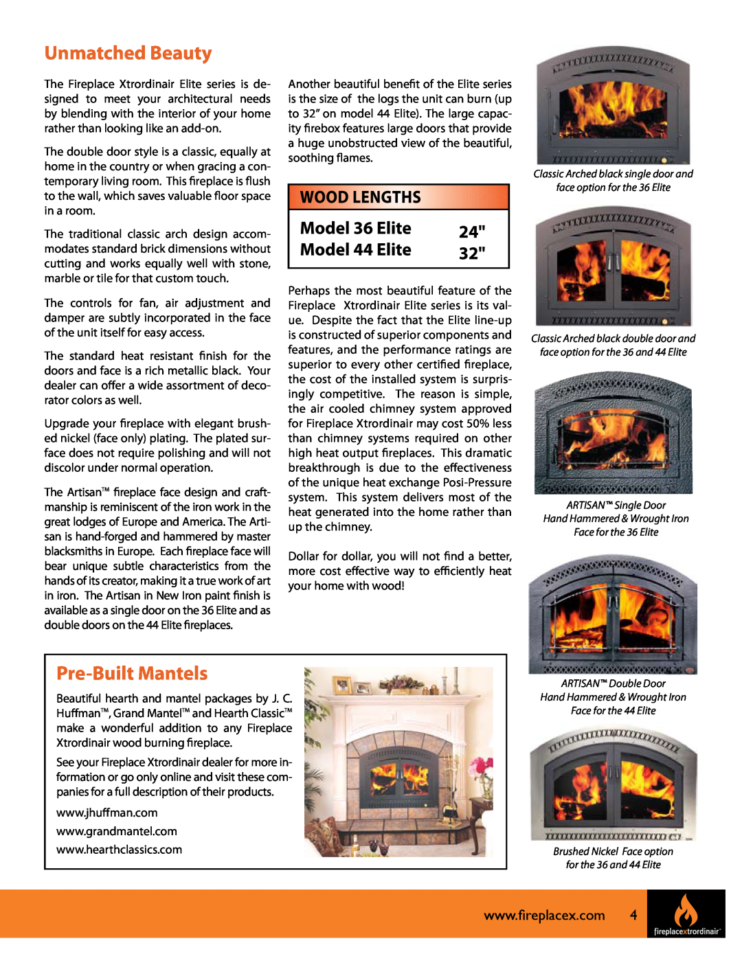FireplaceXtrordinair FPX 44 manual Unmatched Beauty, Pre-BuiltMantels 