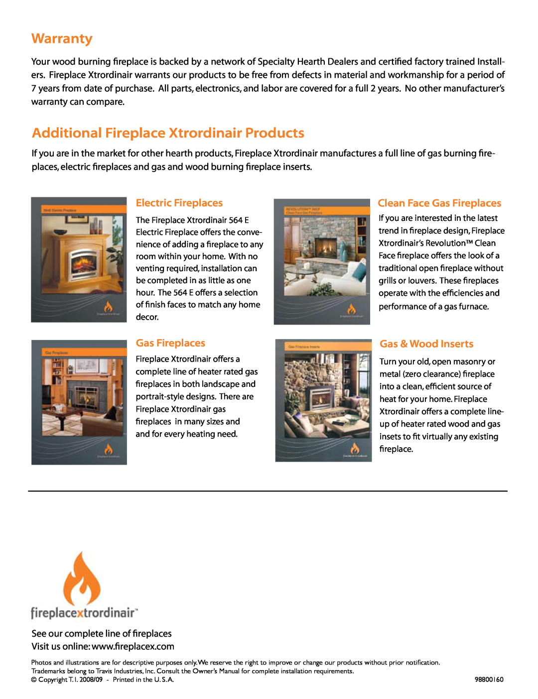 FireplaceXtrordinair FPX 44 manual Warranty, Additional Fireplace Xtrordinair Products, Electric Fireplaces, Gas Fireplaces 