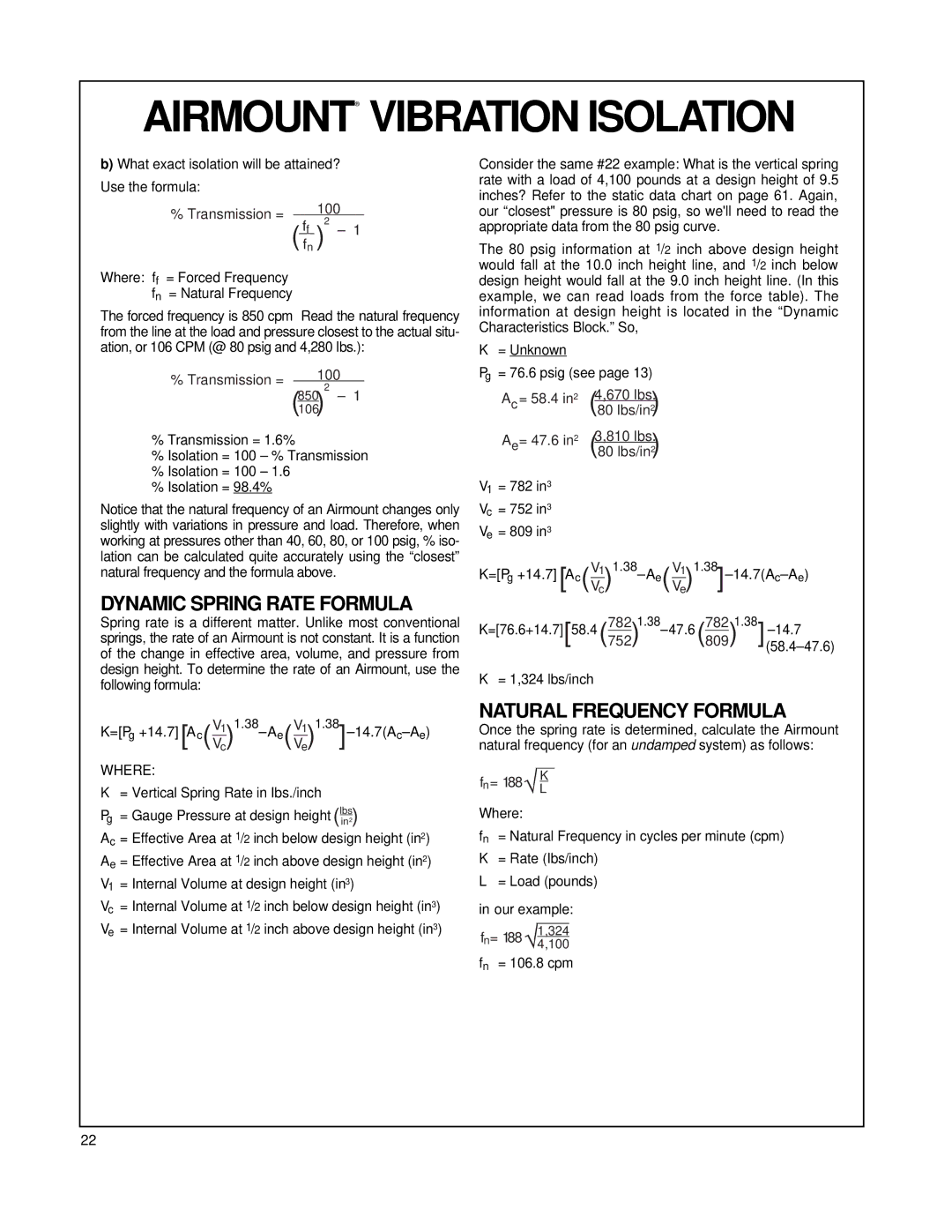 Firestone EMDG198 manual Dynamic Spring Rate Formula, Natural Frequency Formula 