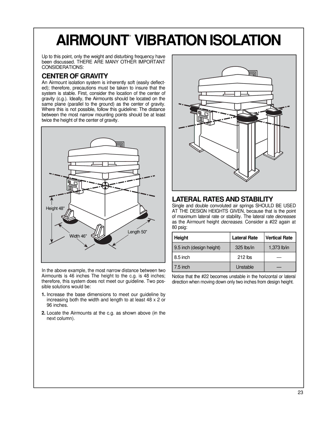 Firestone EMDG198 manual Center of Gravity, Lateral Rates and Stability, Height Lateral Rate Vertical Rate 