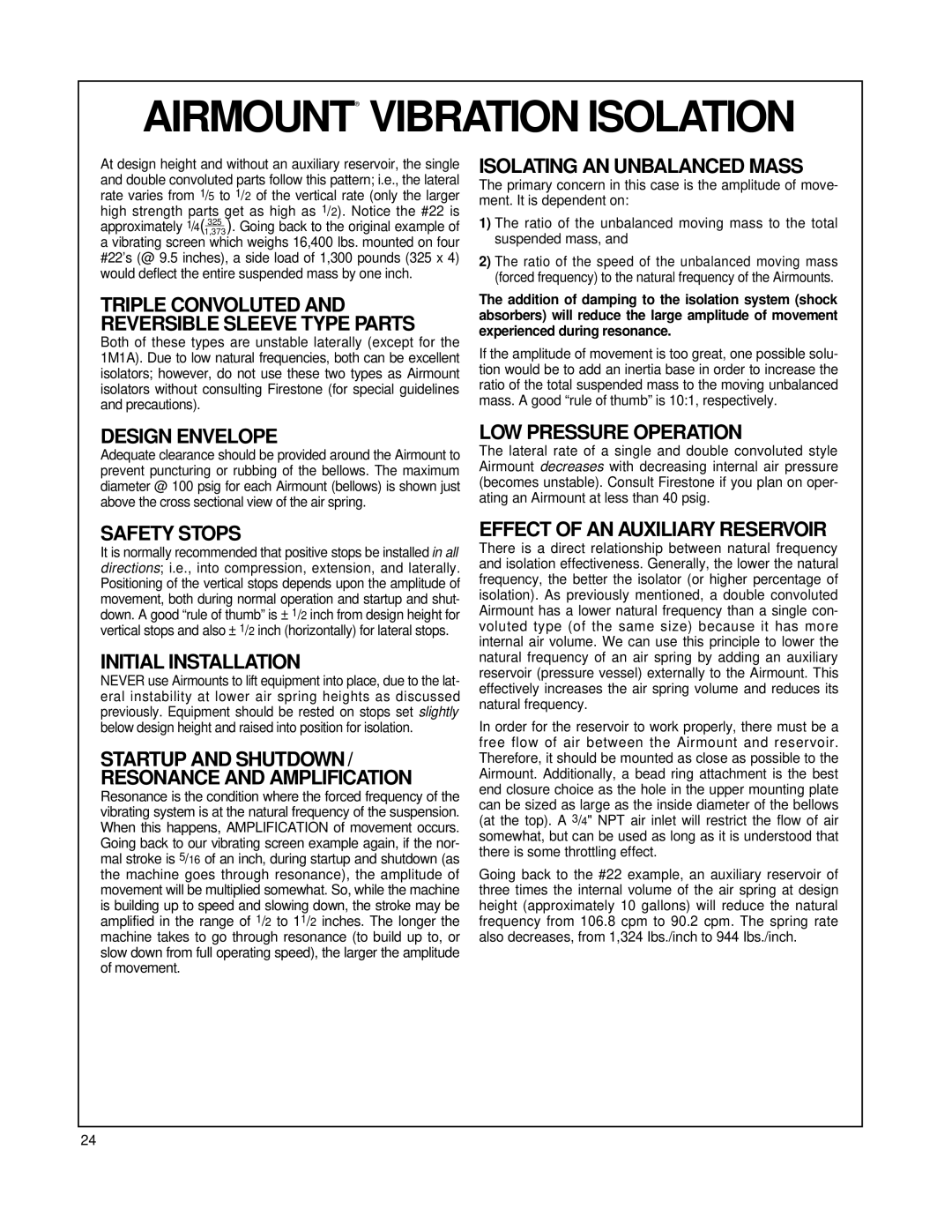 Firestone EMDG198 manual Isolating AN Unbalanced Mass, LOW Pressure Operation, Safety Stops, Initial Installation 