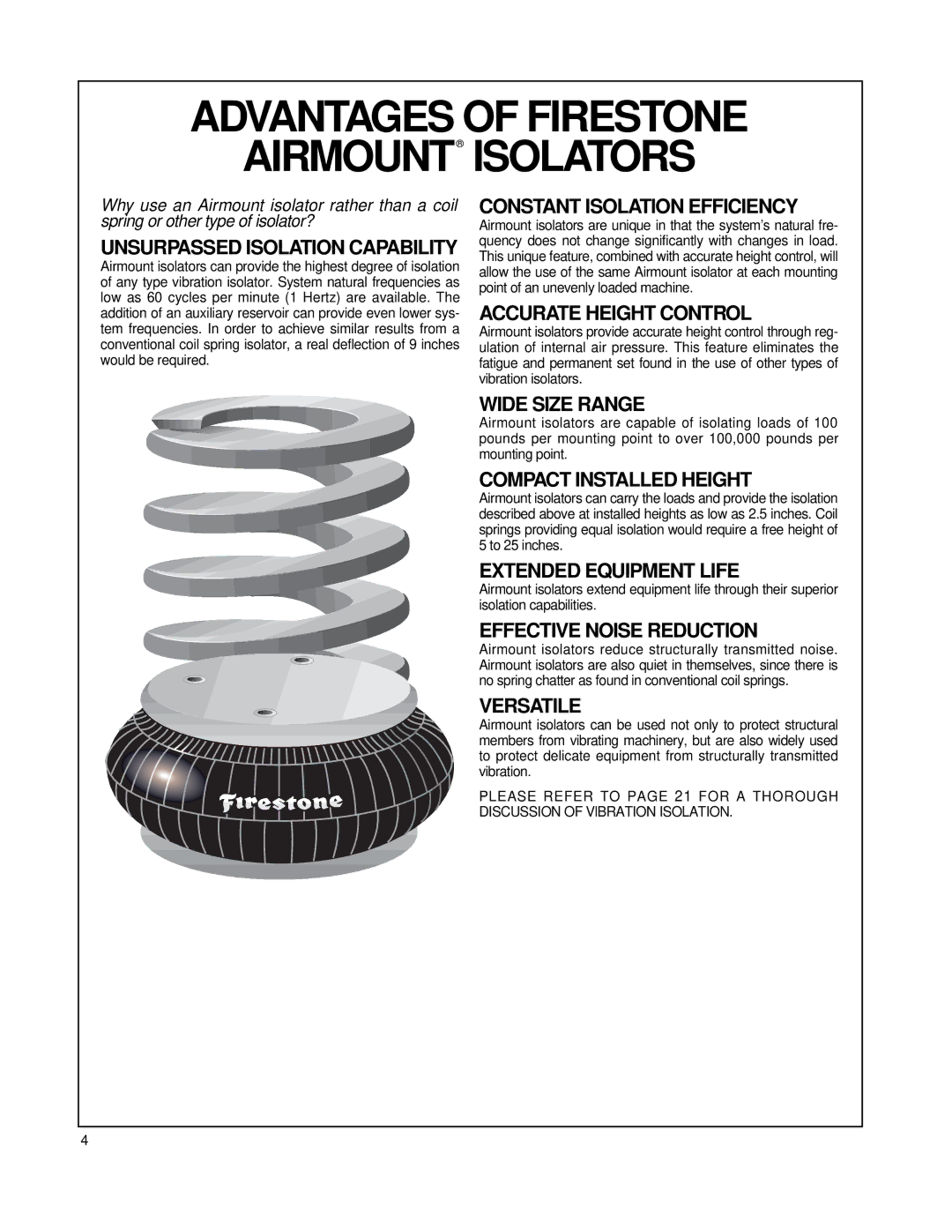 Firestone EMDG198 manual Advantages of Firestone Airmount Isolators 