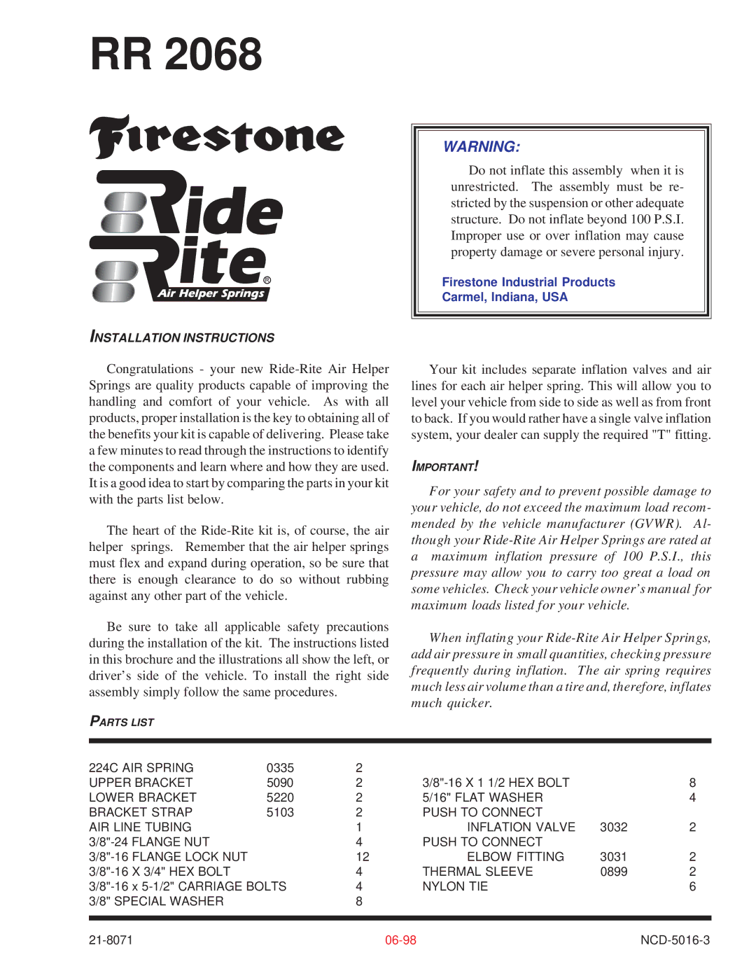 Firestone rr 2068 manual Installation Instructions 