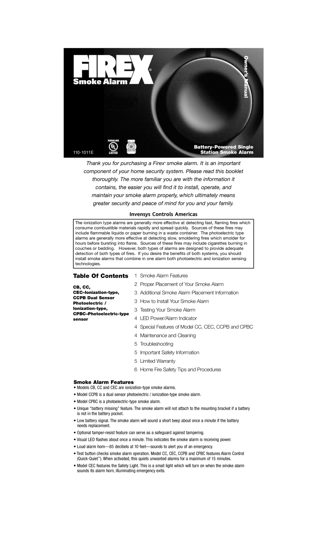 Firex 110-1011E owner manual Table Of Contents 