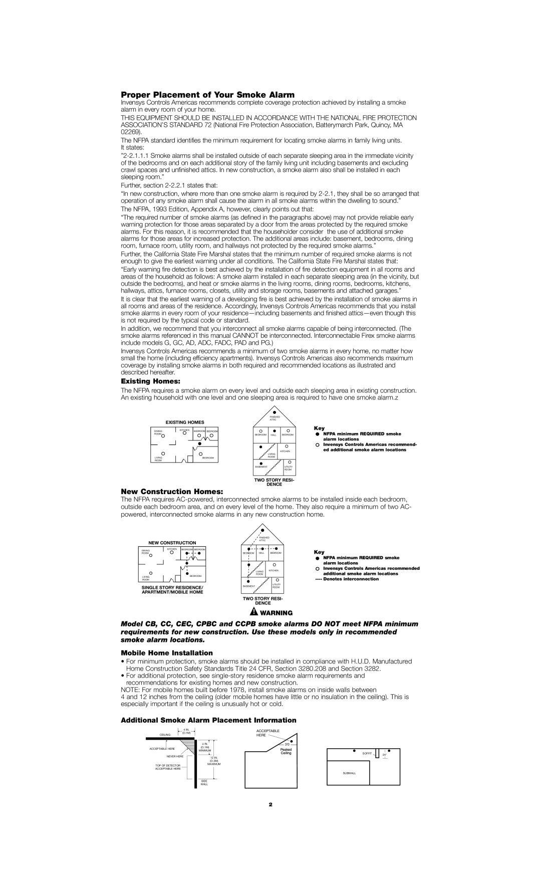 Firex 110-1011E Proper Placement of Your Smoke Alarm, Existing Homes, New Construction Homes, Mobile Home Installation 