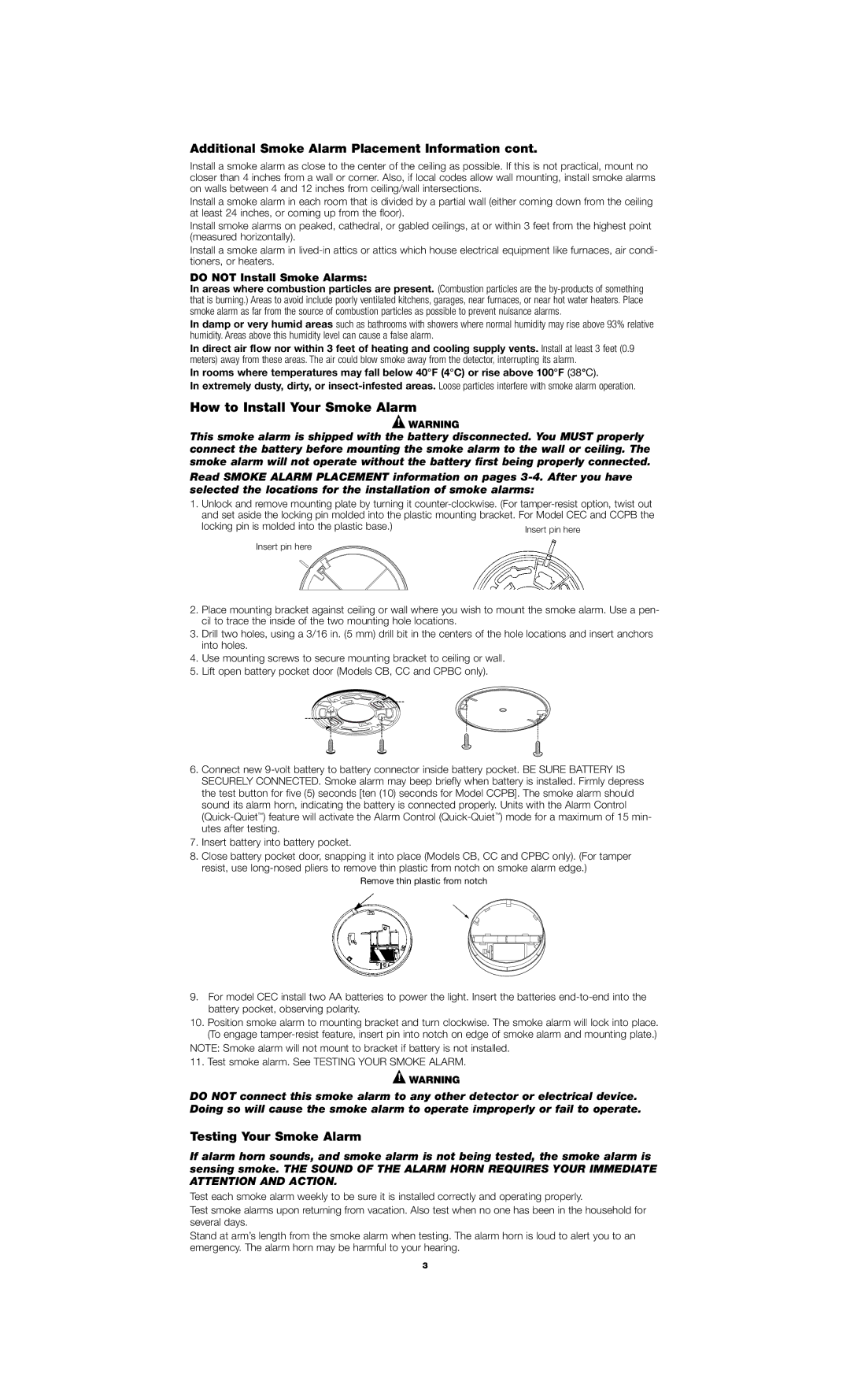 Firex 110-1011E How to Install Your Smoke Alarm, Additional Smoke Alarm Placement Information, Testing Your Smoke Alarm 