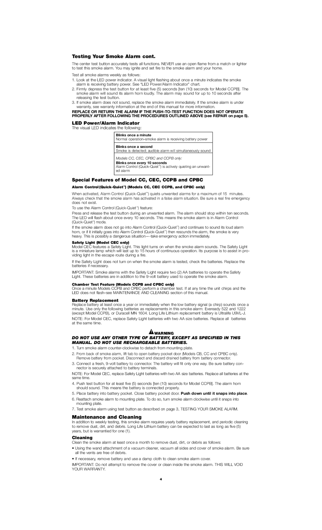 Firex 110-1011E owner manual Testing Your Smoke Alarm, Maintenance and Cleaning, LED Power/Alarm Indicator 