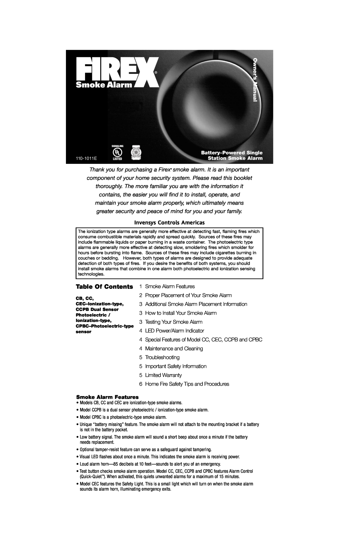 Firex 110-1011E owner manual Invensys Controls Americas, Smoke Alarm Features, Table Of Contents, Owner’s Manual 