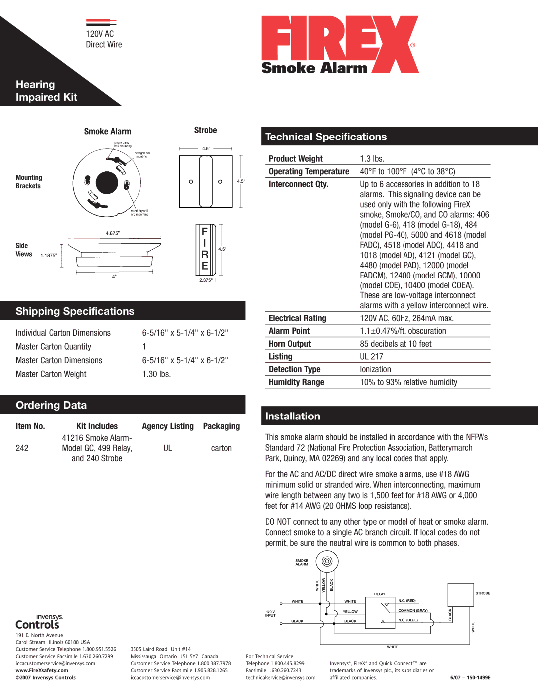 Firex 242 warranty Hearing Impaired Kit, Technical Specifications, Shipping Specifications, Ordering Data, Installation 