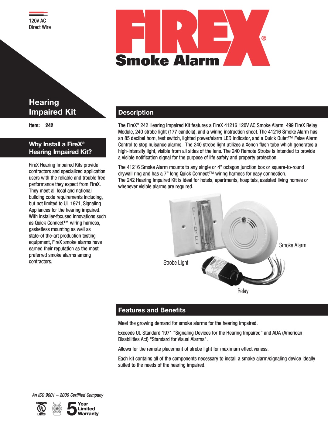 Firex 242 warranty Description, Features and Benefits, Hearing Impaired Kit, Smoke Alarm Strobe Light Relay 